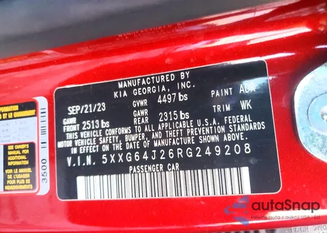 2024 Kia K5 Gt Line from USA, damaged, VIN 5XXG64J26RG249208